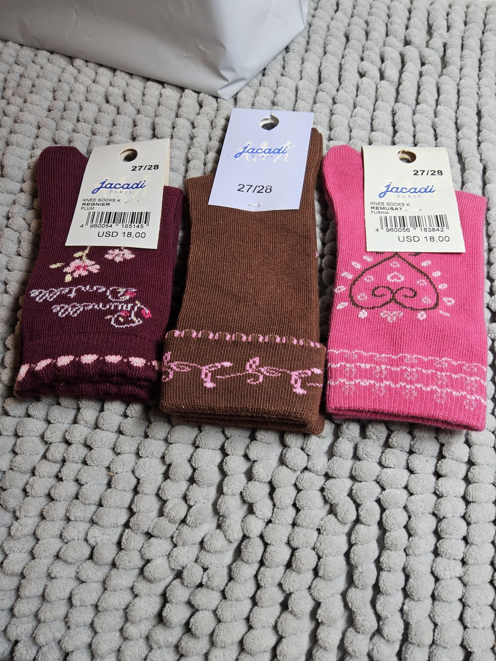 NWOT Bundle of 3 pIr Jacadi Girls  Socks Size 27/28 - Pink, Brown, Maroon